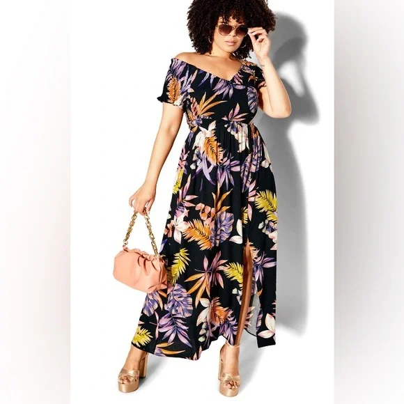 City Chic Skye Off Shoulder Print Maxi Dress - black size 14 - Picture 5 of 14